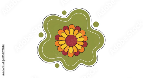 Vibrant Stylized Floral Illustration Showcasing Red Centered Flower Within Olive Clover Shape from Top View