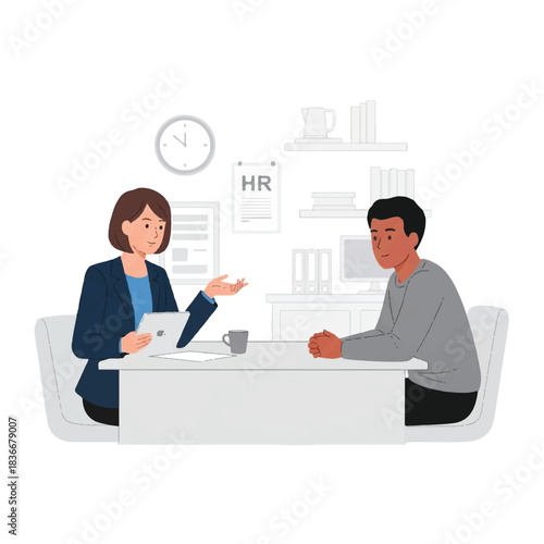 Professional human resources manager conducting an interview with a potential job candidate in a modern office setting, discussing career opportunities and employment