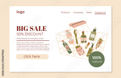 Ad banner for beauty product. Flat hand drawn minimal illustration. Skin care concept. Template for online shopping, blog