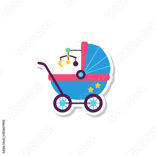 A Colorful Baby Stroller with Stars and Moon Mobile on a Black Background