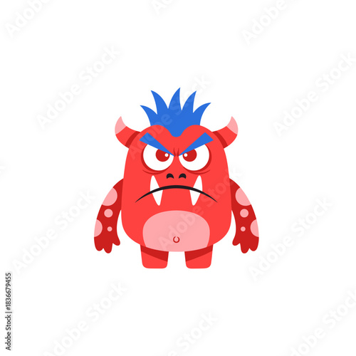 A Fierce Red Cartoon Monster With Blue Spiky Hair And Horns Standing In A Black Void Displaying An Angry Expression And Bared Teeth