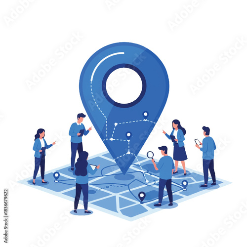 Collaborative Team Analysis Around Large Blue Map Pin on Business Map in Professional Setting