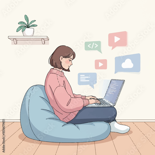 Cartoon Woman in Pink Sweater Working on Laptop at Home with Floating Communication Icons on Bean Bag Chair