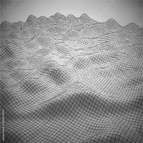 Futuristic 3D Wireframe Landscape with Rounded Hills and Sci-Fi Terrain from Low Angle View