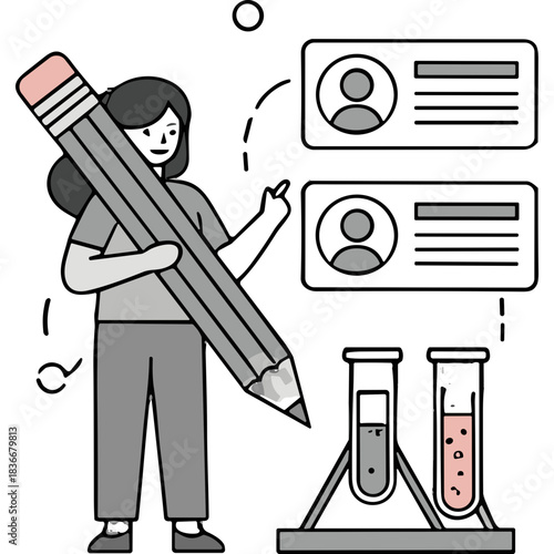 Illustration Of A Person Holding A Large Pencil Near Two Test Tubes And Resume Cards Against A White Background symbolizing research and application process