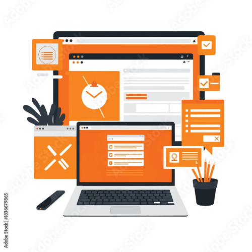Modern Laptop Surrounded by Orange and White Web Design Graphics on a Clean Workspace