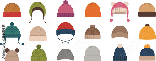 Winter Beanie Hat Vector Set. Cozy Knitted Caps, Earflap Hats, Pom-Pom Hats, Warm Seasonal Accessories Collection