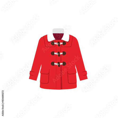 A Stylish Red Duffle Coat With Brown Toggle Fastenings and White Fur Collar Displayed Against a Deep Red Background with Black Borders for Fashion Photography