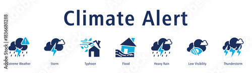Climate Alert web banner icon vector illustration with icons of Extreme Weather, Storm, Typhoon, Flood, Heavy Rain, Low Visibility, and Thunderstorm.