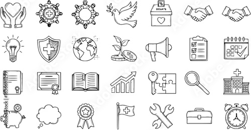 Charity and Donation Doodle Icons Vector Set: Hand Drawn Volunteers, Money, Help, Care, Aid. Line Art Symbols for Social Work, Giving, Community Service