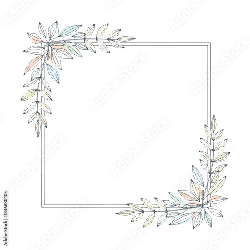 Delicate Hand-Drawn Floral Frame in Soft Watercolor Pastel and Black Outline
