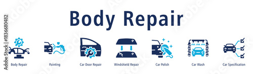 Body Repair web banner icon vector illustration with icons of Body Repair, Painting, Car Door Repair, Windshield Repair, Car Polish, Car Wash and Car Specification.