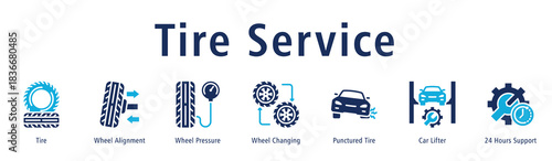Tire Service web banner icon vector illustration with icons of Tire, Wheel Alignment, Wheel Pressure, Wheel Changing, Punctured Tire, Car Lifter and 24 Hours Support.