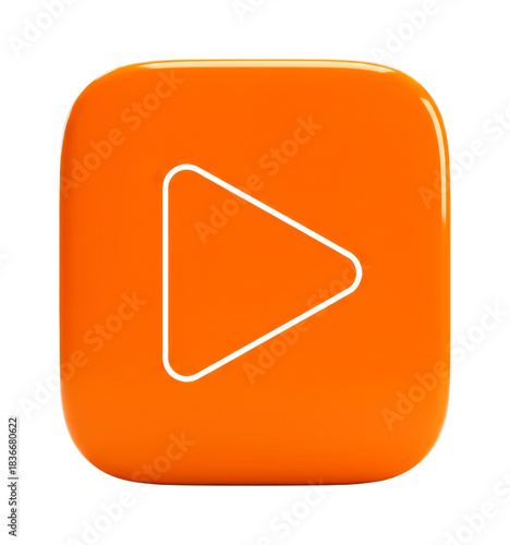 Glossy orange play button icon with a white triangle outline symbol features a modern, three-dimensional design with rounded corners and a smooth, reflective surface