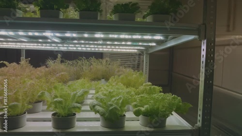 Modern Vertical Farming with Advanced Changing LED Grow Lights.