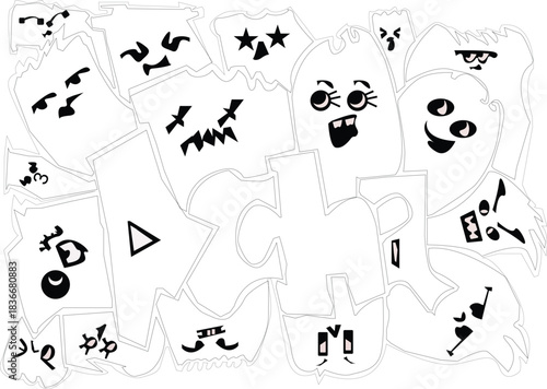 Collection of cartoon ghosts with various facial expressions and shapes.