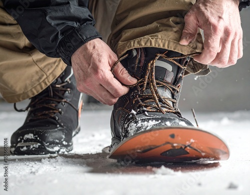 Close-up of a person's hands securing the laces of a black and brown snowboard boot on a snowy surface.