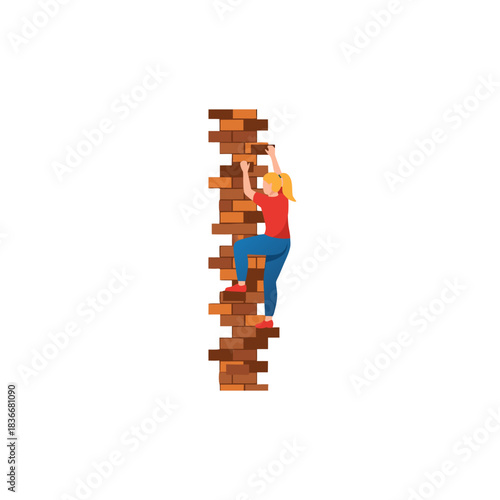 A Young Woman in Red Top and Blue Jeans Climbs a Tall Stack of Bricks Against a Black Background