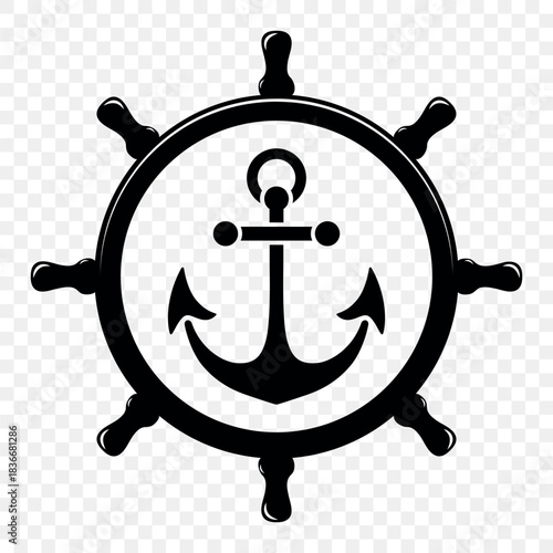 Vector Vintage Anchor and Ship Wheel. Nautical Marine Helm Icon, Retro Captain Tattoo Design, Sailing Club Logo, Maritime Adventure Emblem, Sea Navigation Symbol, Classic Ship Wheel Silhouette
