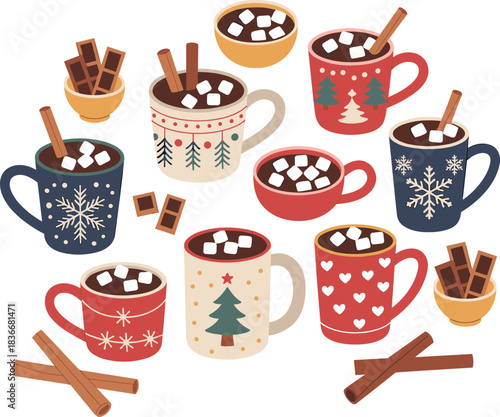 Hot chocolate mugs, marshmallow topping, cinnamon sticks, festive bowls, winter treats, holiday drinks, cozy beverage, Christmas vector, flat design, seasonal art