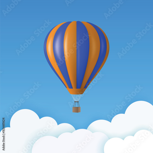 Vector Travel Banner with 3d Realistic Blue and Orange Hot Air Balloon Icon on a Blue Sky Background. Design Template, Summer Vacation, Travelling, Tourism and Journey Concept