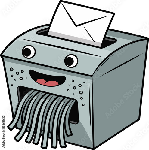 Cartoon paper shredder, smiling face, envelope input, shredded paper, office tool, kids illustration, flat vector, realistic style, fun design