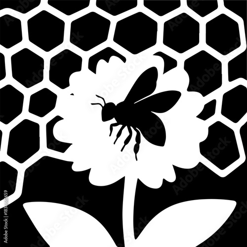 A black and white silhouette of a bee on a flower with a large silhouette of honeycombs — hard work, ecology and harvest. Ideal for honey packaging and eco‑projects. Vector graphics. EPS.