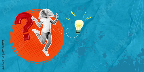 A trendy halftone collage in pop art style. A happy girl with a book for a head, a question mark, an encyclopedia, a light bulb, a student's vision, a bookworm, a hobby, a concept.