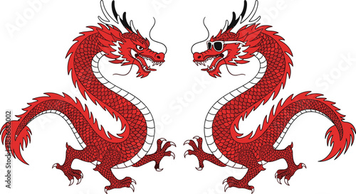 Chinese dragon vector, red myth creature, traditional Asian art, stylized fierce design, cultural symbol illustration, cad drawing flat vector illustration