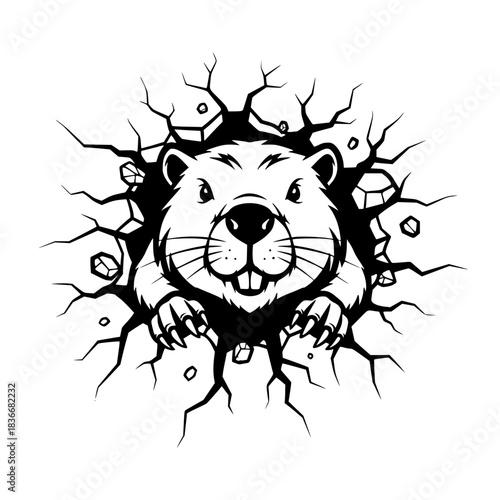 A determined beaver breaks through a cracked surface, symbolizing resilience and perseverance. vector illustration