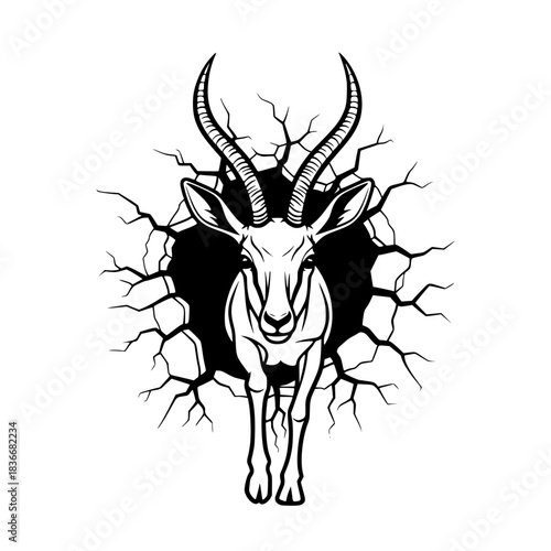 An Impressive Gazelle Leaping Through a Hole, Boldly Emerging from a Cracked Surface, Ready to Explore New Horizons. vector illustration