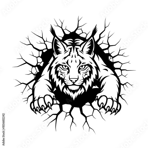 A Powerful and Intimidating Lynx Breaks Through a Wall with Fierce Intensity. vector illustration