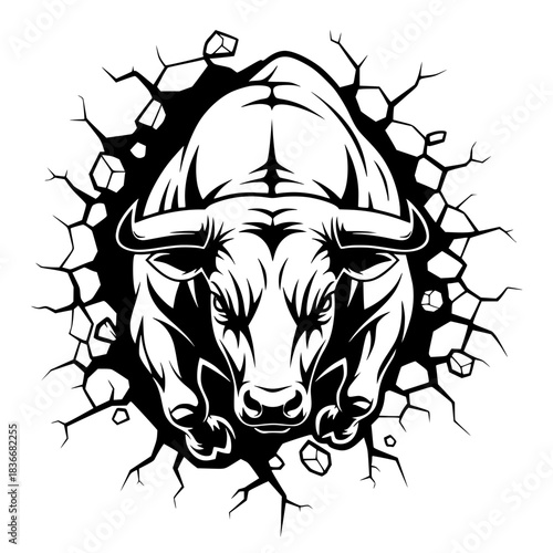 An illustrative artwork showcases a powerful bull emerging dynamically from a broken surface, embodying strength and determination. vector illustration