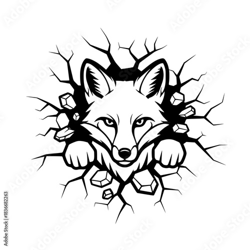 A Clever Fox Emerging from Shattered Surface, a striking monochrome illustration, creating a dramatic visual impact. vector illustration