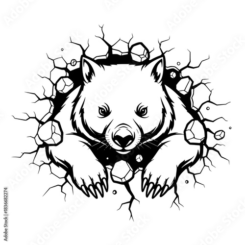 A wombat emerges from a stone wall, showcasing power and resilience, embodying the strength and determination to break through obstacles, symbolizing tenacity. vector illustration
