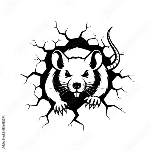 A black and white illustration of an angry rat bursting through a cracked surface, with a detailed depiction of the rodent's fierce eyes and sharp claws. vector illustration