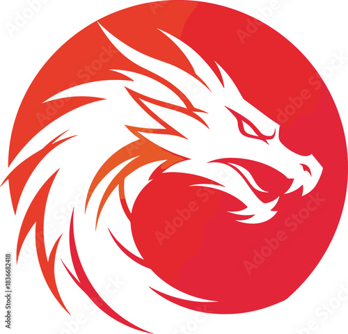 Fiery dragon head, Asian mythical creature, red circular emblem, aggressive beast design, fantasy symbol, cultural icon, vector illustration, dynamic artwork