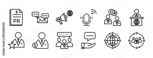 Public Relations icon set outline collection contains megaphone, business person, pr document, broadcast microphone, heart feedback bubble, support hand message, press conference speaker