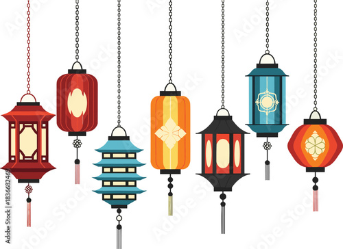 Traditional hanging lanterns, Chinese New Year decor, festive celebration lights, Asian cultural symbols, colorful vector icons, decorative festival elements