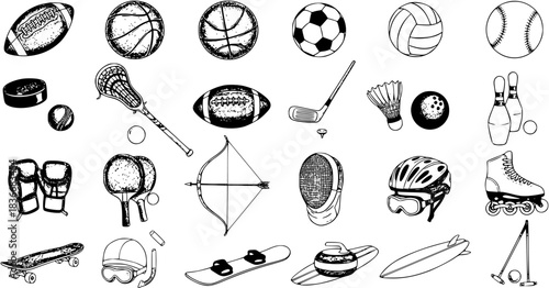 Sports Equipment Vector Set: Hand-Drawn Line Art Collection for Sporting Goods, Games, and Recreational Activities