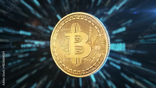 Spinning Bitcoin Cryptocurrency in Digital Binary Code Tunnel.