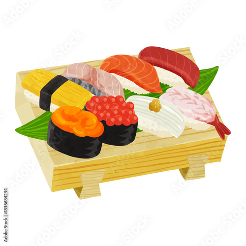 寿司下駄に盛り付けされたお寿司　水彩風手描きベクターイラスト