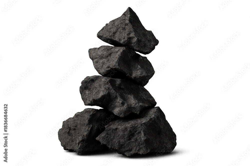 Fototapeta premium Dark grey rough rocks stacking on top of each other, forming a balanced cairn against a transparent background