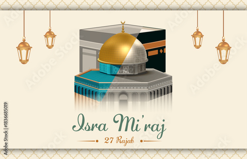 Isra Miraj 2026 Illustration Featuring Kaaba and Dome of the Rock with Hanging Lanterns for Islamic Night Journey