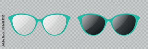 Turquoise Sunglasses, Vector Illustration. Realistic Fashion Eyeglasses and Dark Lens Sunglasses, Front View Summer Accessory. Glossy Plastic Frame Glasses Icon Set, Isolated, Front View