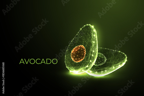 Digital avocado glowing low poly fruit healthy food concept green neon polygonal vector illustration