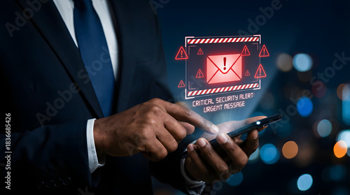 Stay Secure Protect Your Data Business Professional Receiving Urgent Security Alert on Smartphone Cyber Threat Detection Modern Tech Risk Management