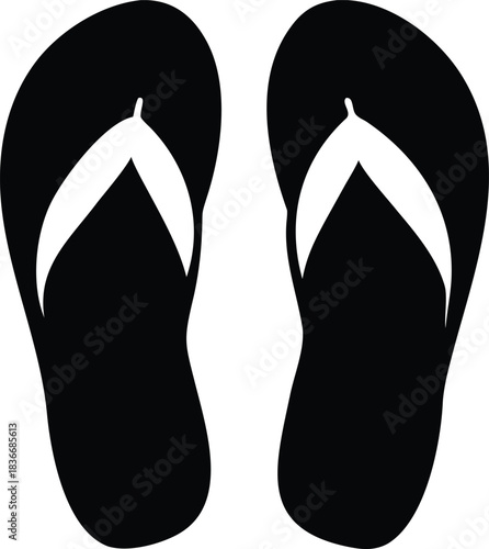 Pair of black flip flops with white straps on transparent background silhouette