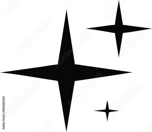Four black star shapes with varying sizes on transparent background silhouette
