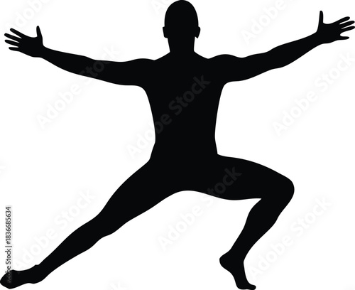 A dynamic man in a wide stance pose black silhouette on transparent background